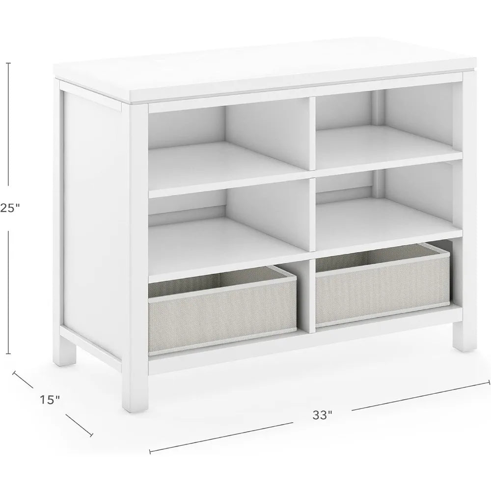 Crafting Kids- Creamy White: Wooden Shelving with Bins, 6 Compartment Art Supply Organizer for Playroom