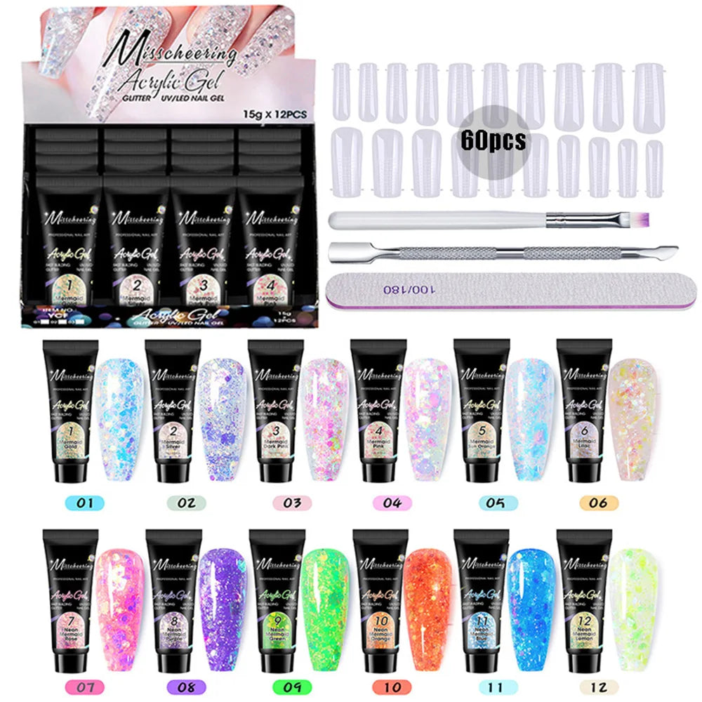 Poly Nail Gel Kit 12 PCS Diamond Poly Nail Gel Colors Nude Yellow Red Green Purple Blue Pink Glitter Poly Nail Gel Poly Extensio