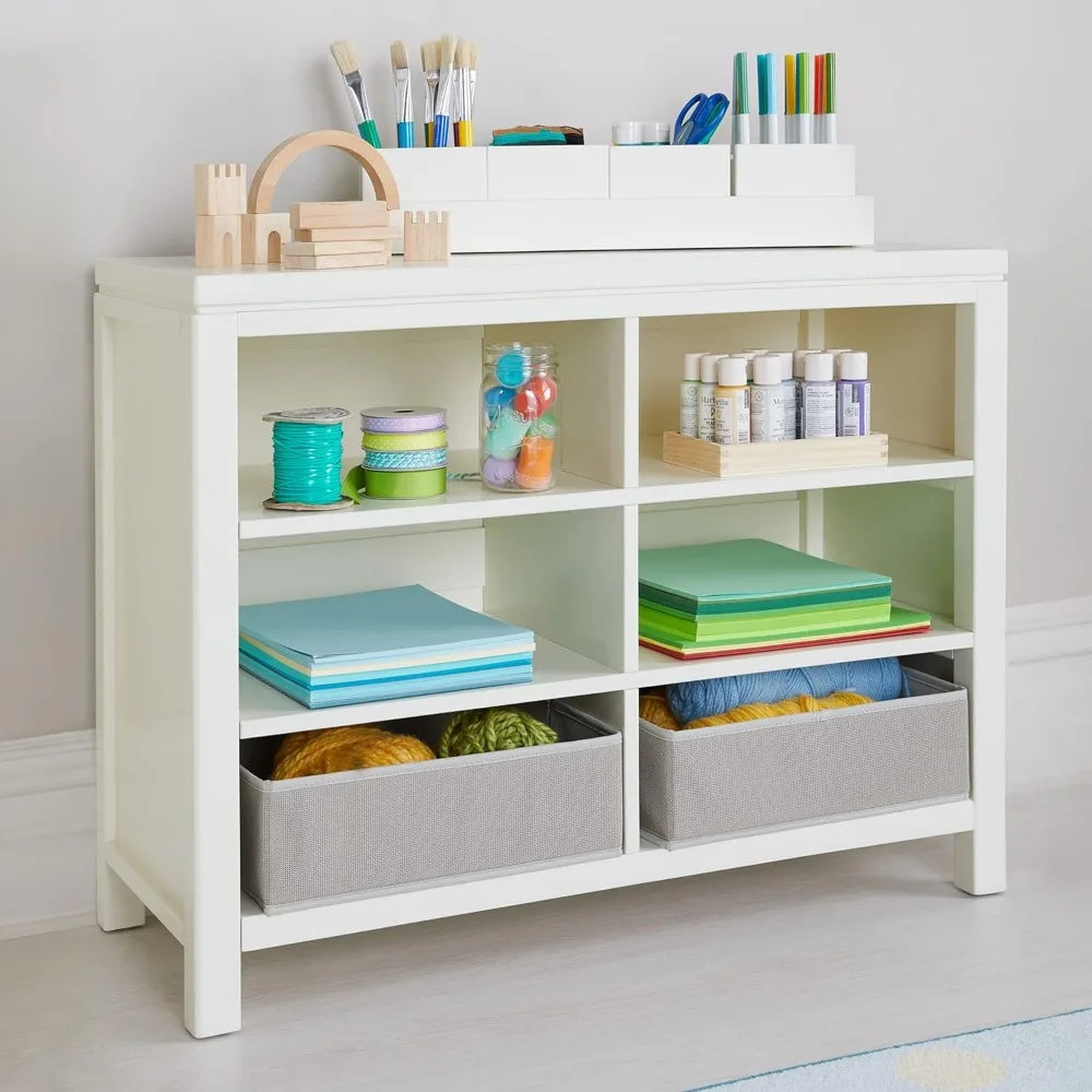 Crafting Kids- Creamy White: Wooden Shelving with Bins, 6 Compartment Art Supply Organizer for Playroom
