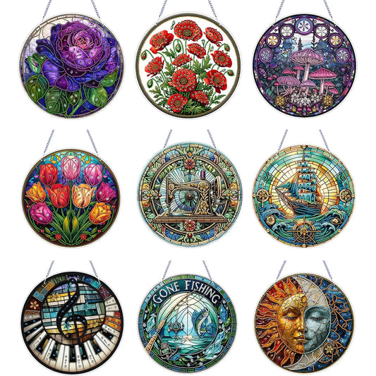 2D/Flat DIY Diamond Art Suncatcher with Colorful Stained Glass Design Hanging Diamond Art Kits Window Hanging Art for Home Decor