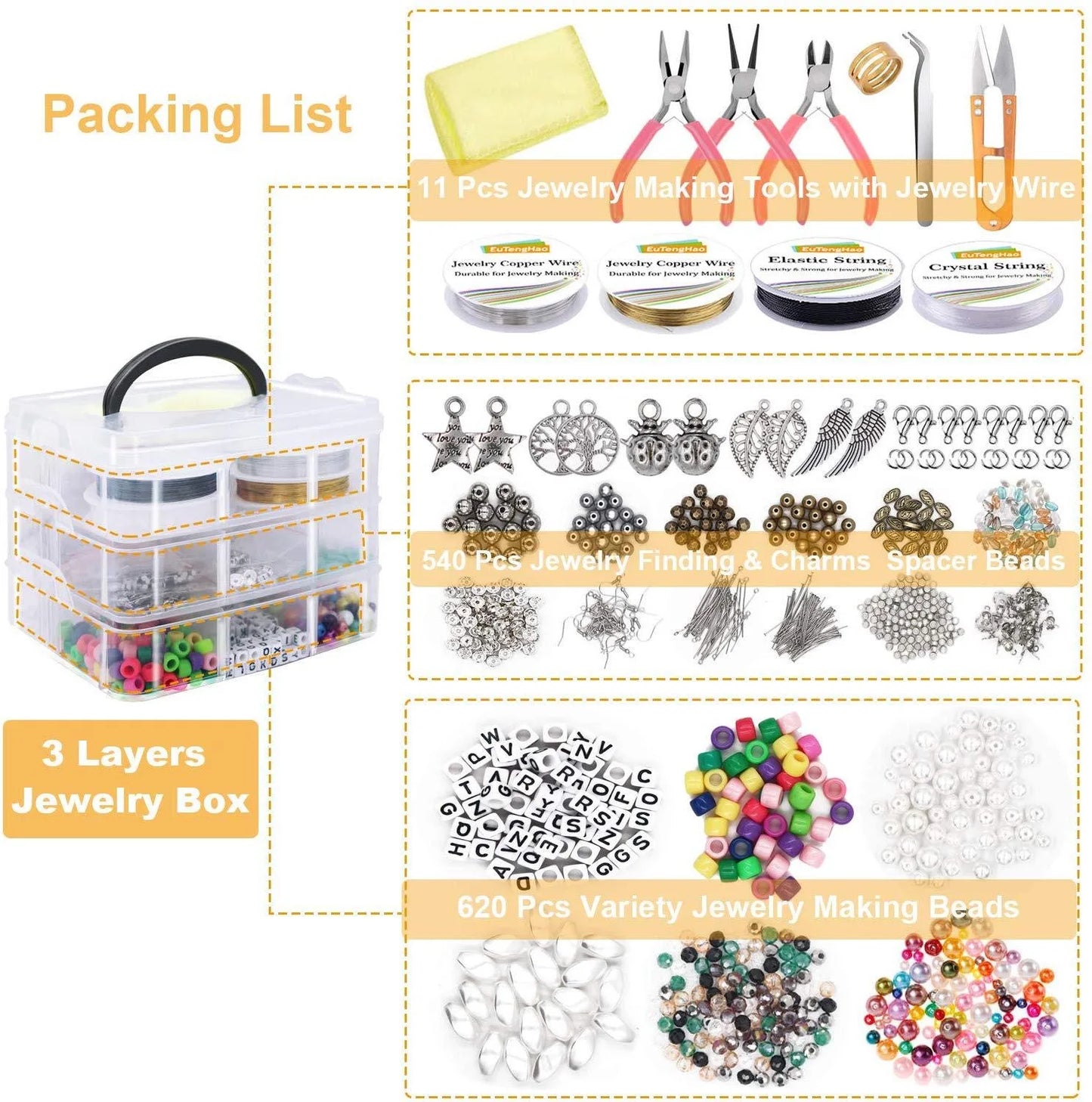 1171pcs Ultimate DIY Jewelry Making Kit - Beads, Jewelry Charms, Findings, Spacer Beads, Wire, Cord, Pliers,