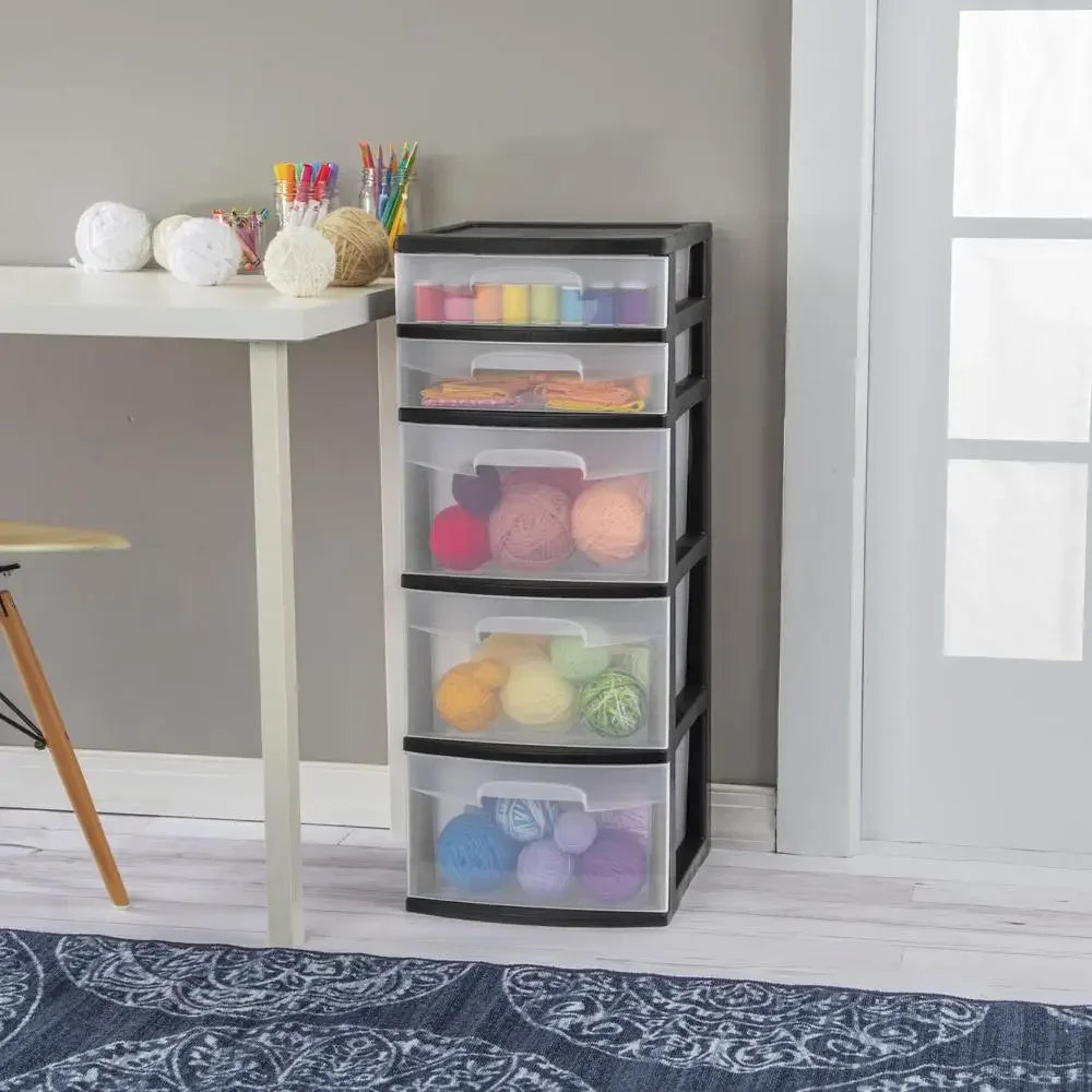 5-Drawer Plastic Storage Tower Black Clear Drawers Organizer Art Supplies Crafting Home Storage Closet