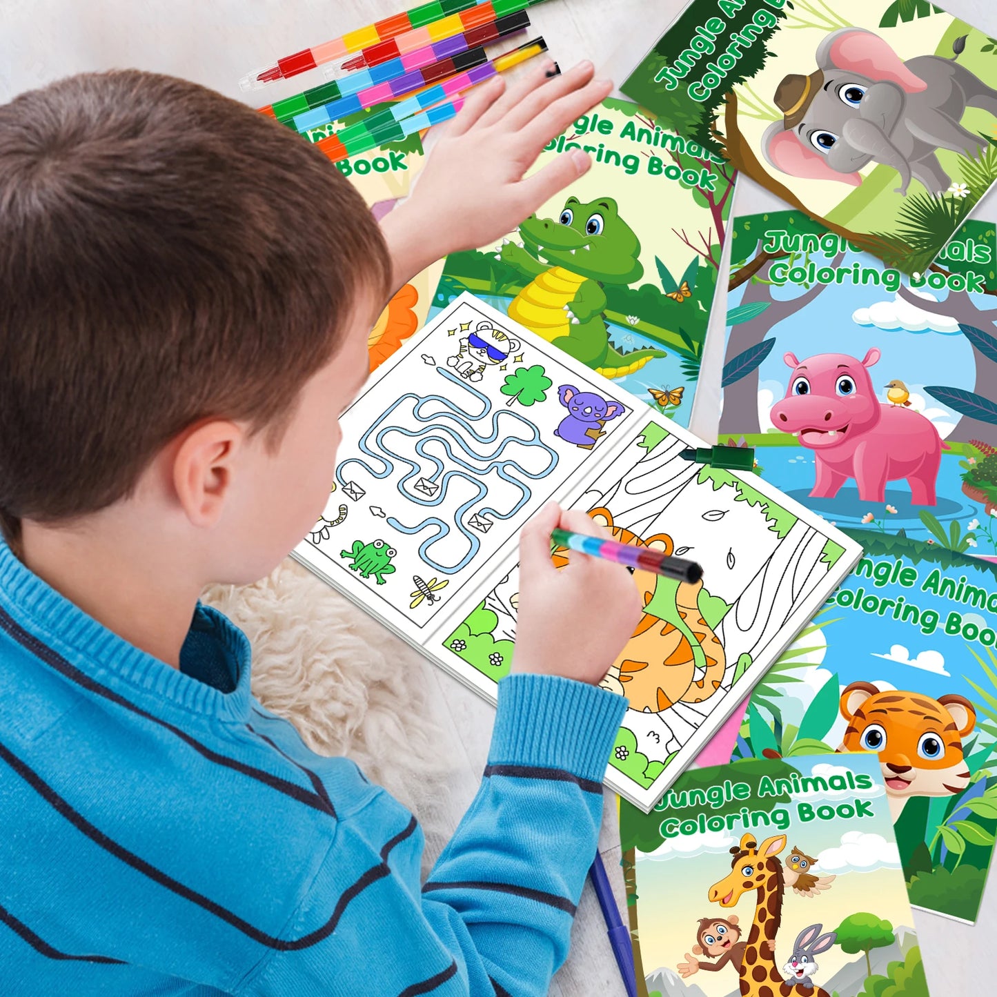 24Pcs Jungle Safari Animals Coloring Books for Kids with 24 Stacking Crayons Mini Coloring Book Party Favors Bulk Gifts Small A