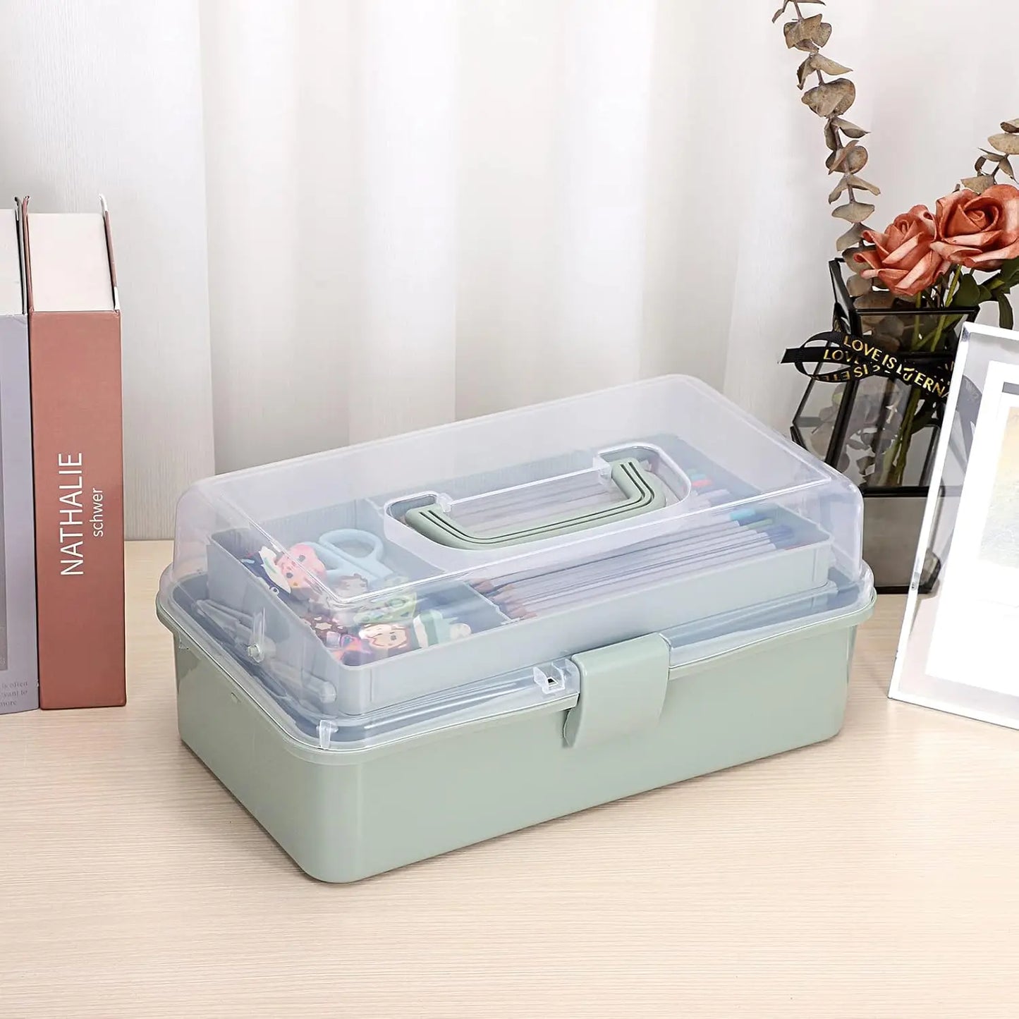 3-Layer Plastic Dividing Storage Box Craft Organizer and Storage with Adjustable Spacers Portable Handled Art Supply