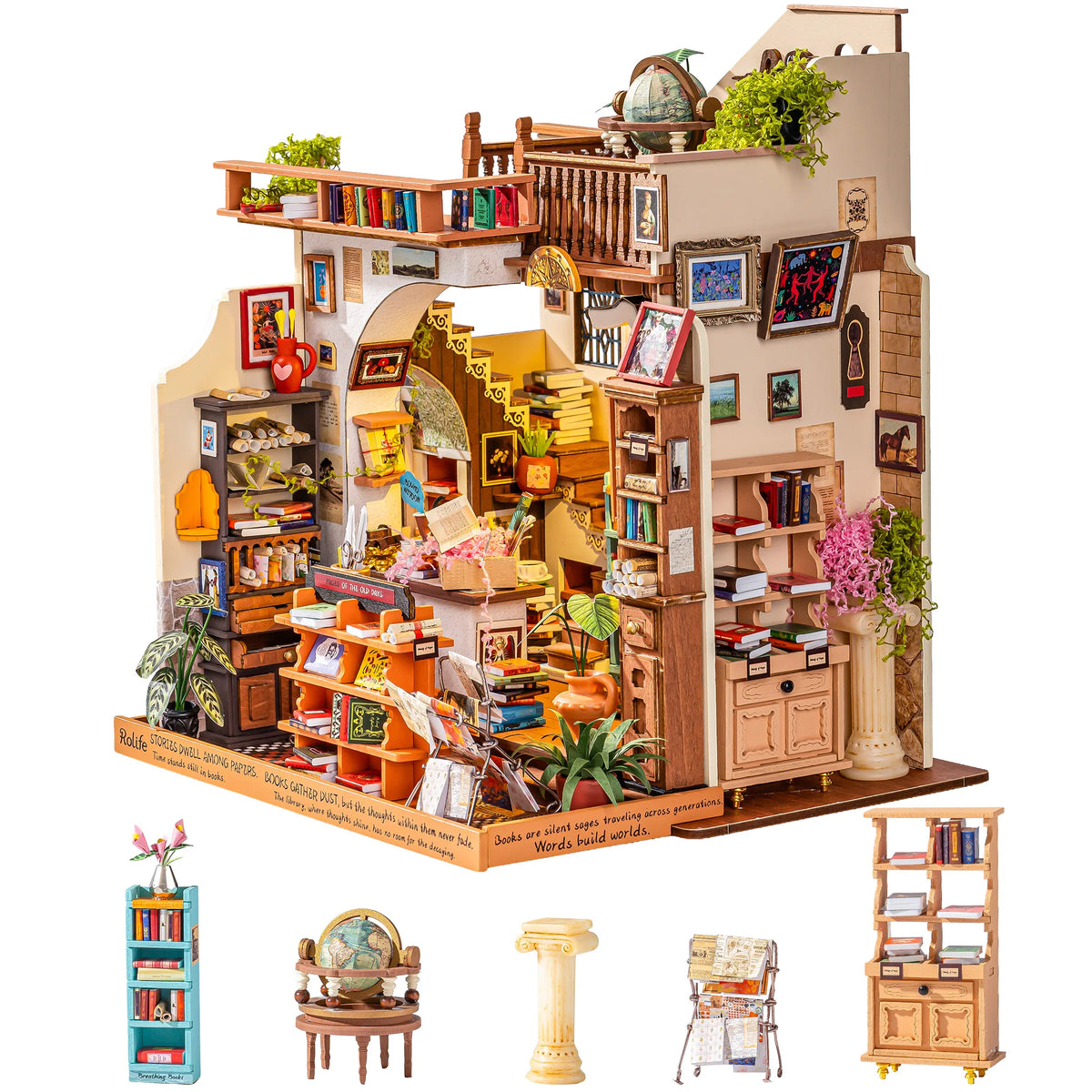 Rolife Wooden Dollhouse 3D Puzzle Pagestory Bookstore DIY Miniature House Craft Kit Kit with LED Light for Bookshelf Decor Brain Teasers Jigsaw Toys Holiday Gift for Book Lovers
