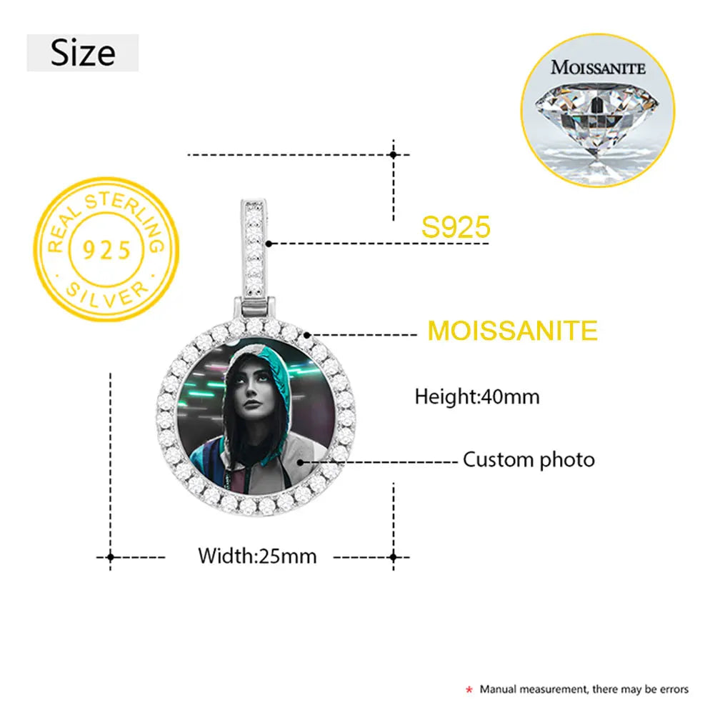 Fine Jewelry Round Memory Medallions Moissanite Custom Photo Pendant Necklace For Men Hip Hop Jewelry 925 Sterling Silver