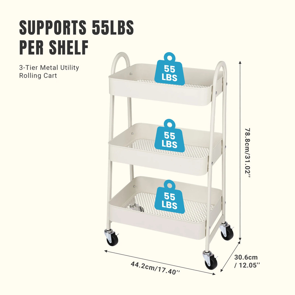 JHK 3 Tier Metal Storage Cart with Lockable Wheels Mobile Shelving Unit Utility Rolling Organizer For Home Narrow Places