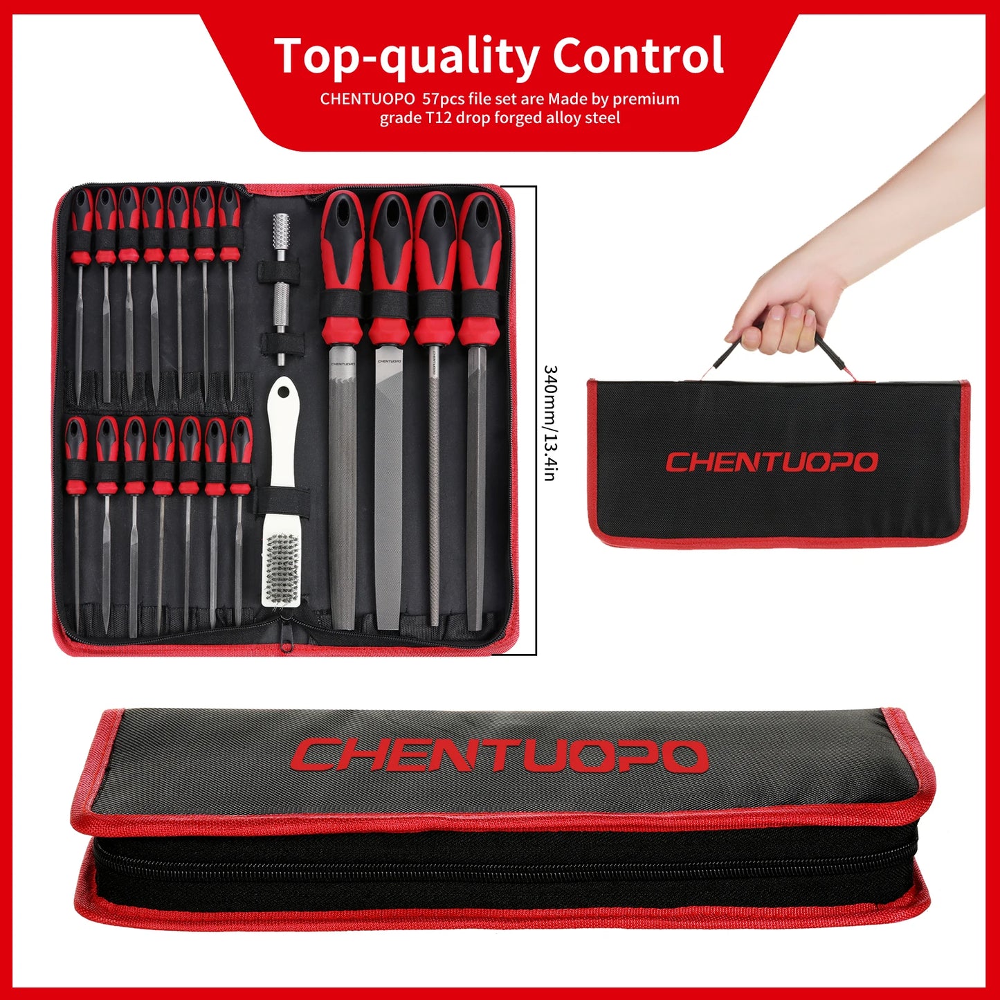 57Pcs Metal & Wood File Rasp Set, Grade T12 Forged Alloy Steel, Half-round/Round/Triangle/Flat 4pcs Large Tools, 14pcs Needle Fil