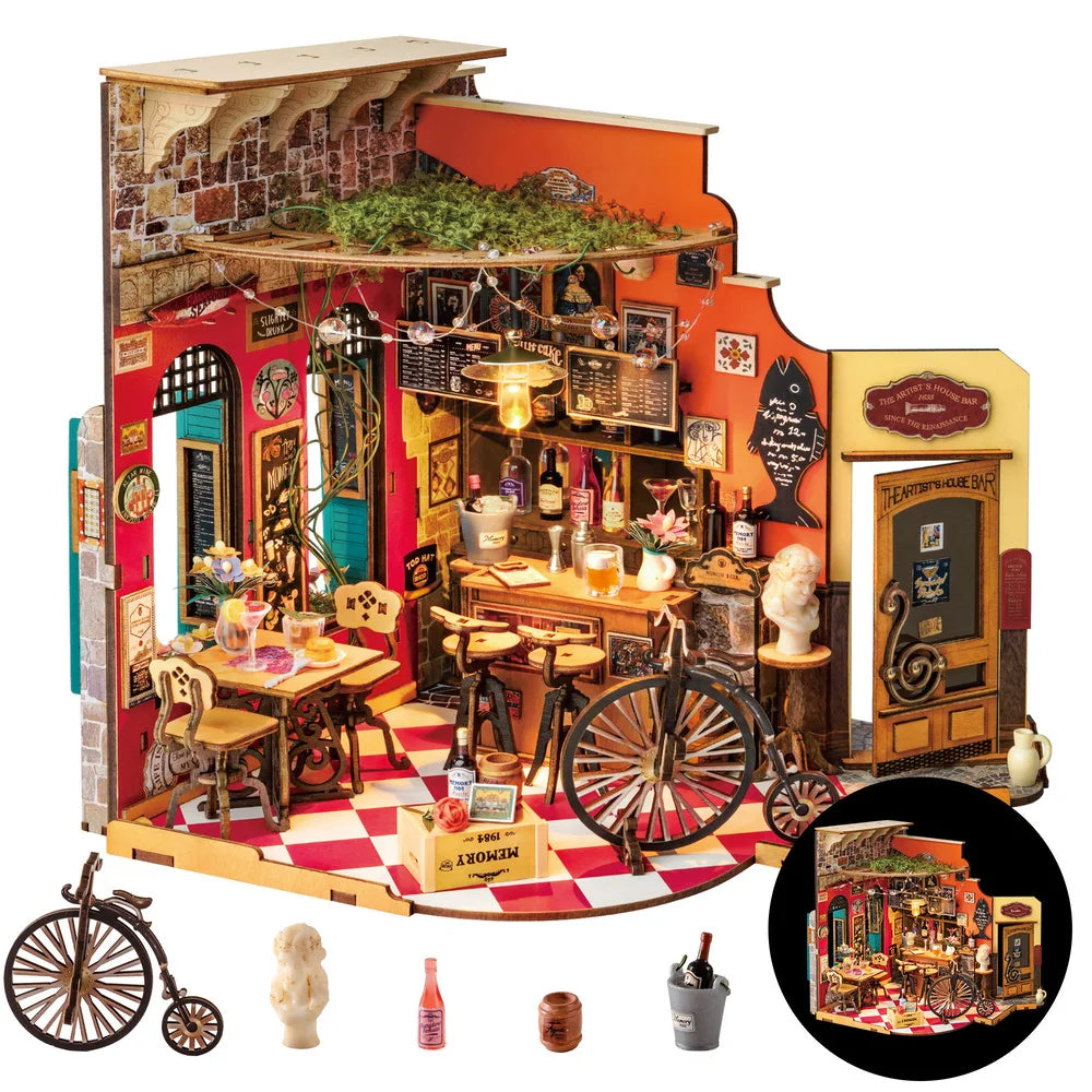Rolife Wooden 3D Puzzle Cheers Bar DIY Miniature Dollhouse Kit with LED Light for Bookshelf Decor Birthday Gifts for Adults