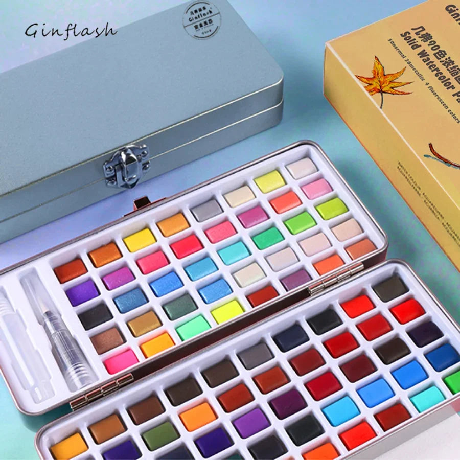 50/90 Color Solid Watercolor Set Paint Glitter Portable Metal Box Watercolor Pigment squirrel hair brush nail art