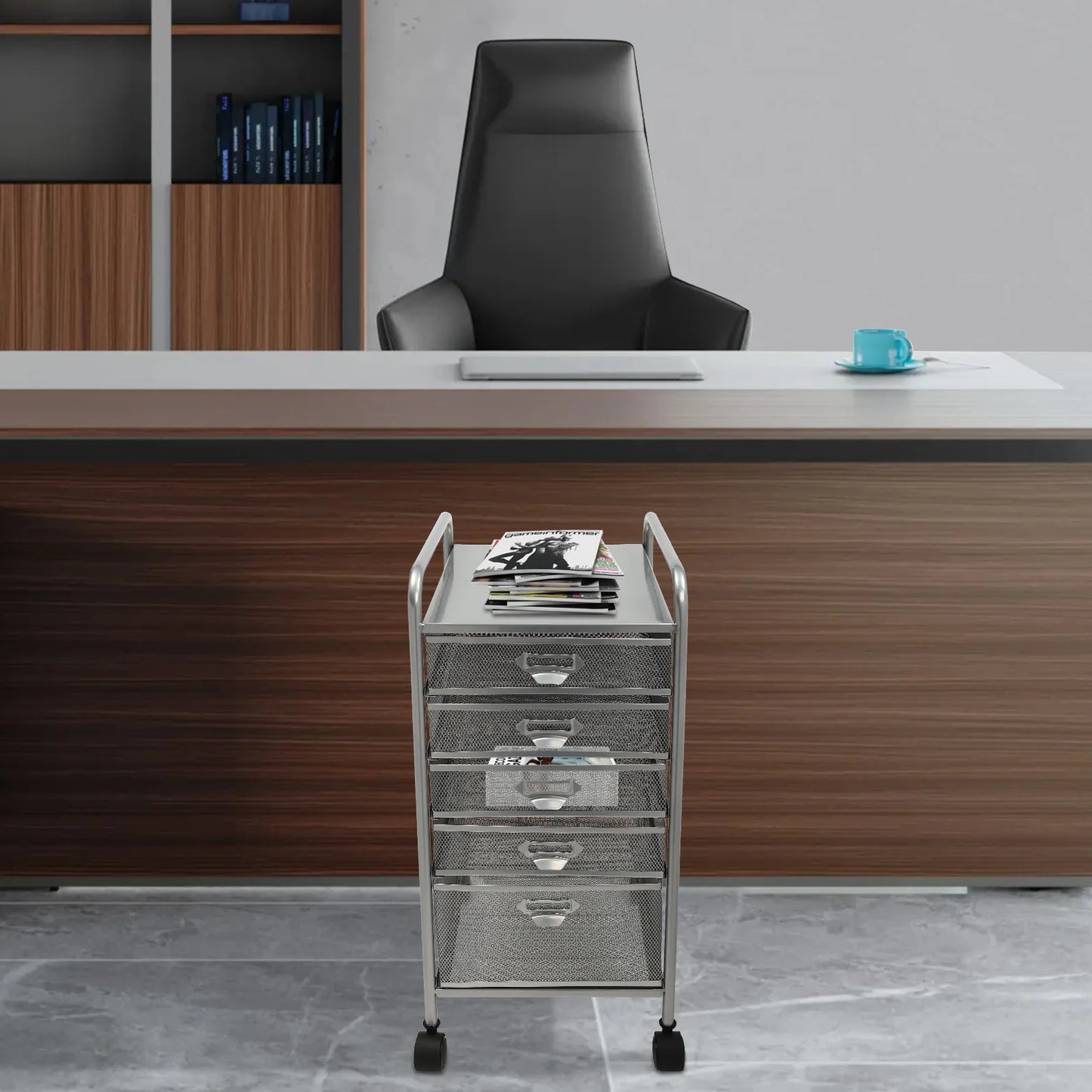 Rolling File Cabinet with 5 Drawers, Mesh Carts Craft Organizer with 4 Swivel 360° Wheels, Office Freestanding Supplies Storage