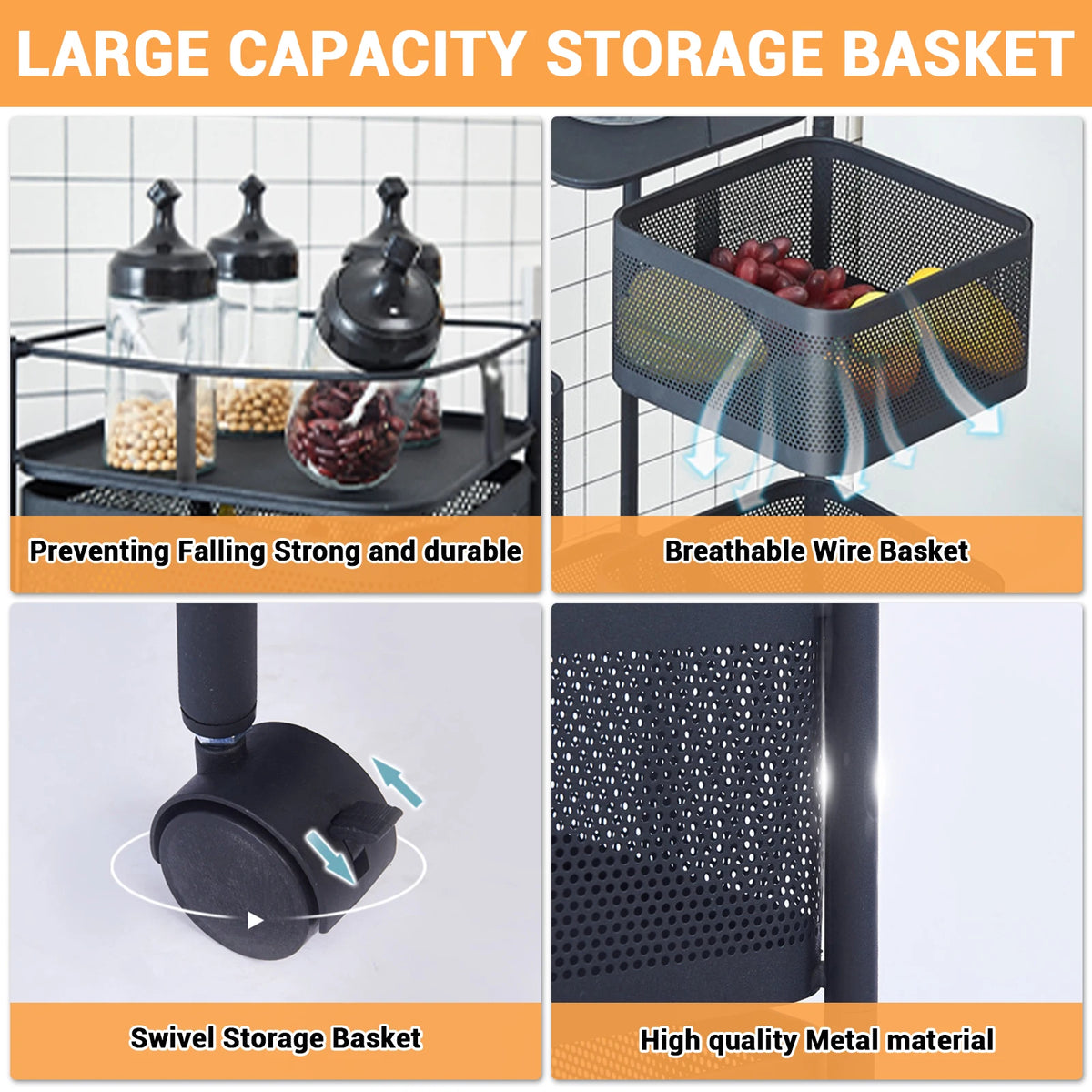 Storage Shelf Movable Gap Rack Serving Cart, Metal Mesh Basket with Lid, 
organizer Cart