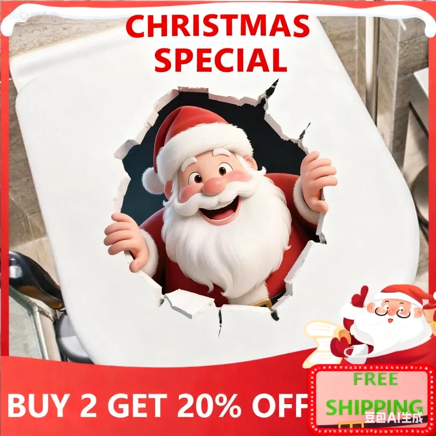 Break-Through Wall 3D Santa Claus Decal PVC Removable Christmas Wall Window Sticker Home Christmas Decoration Gift New Year 2025