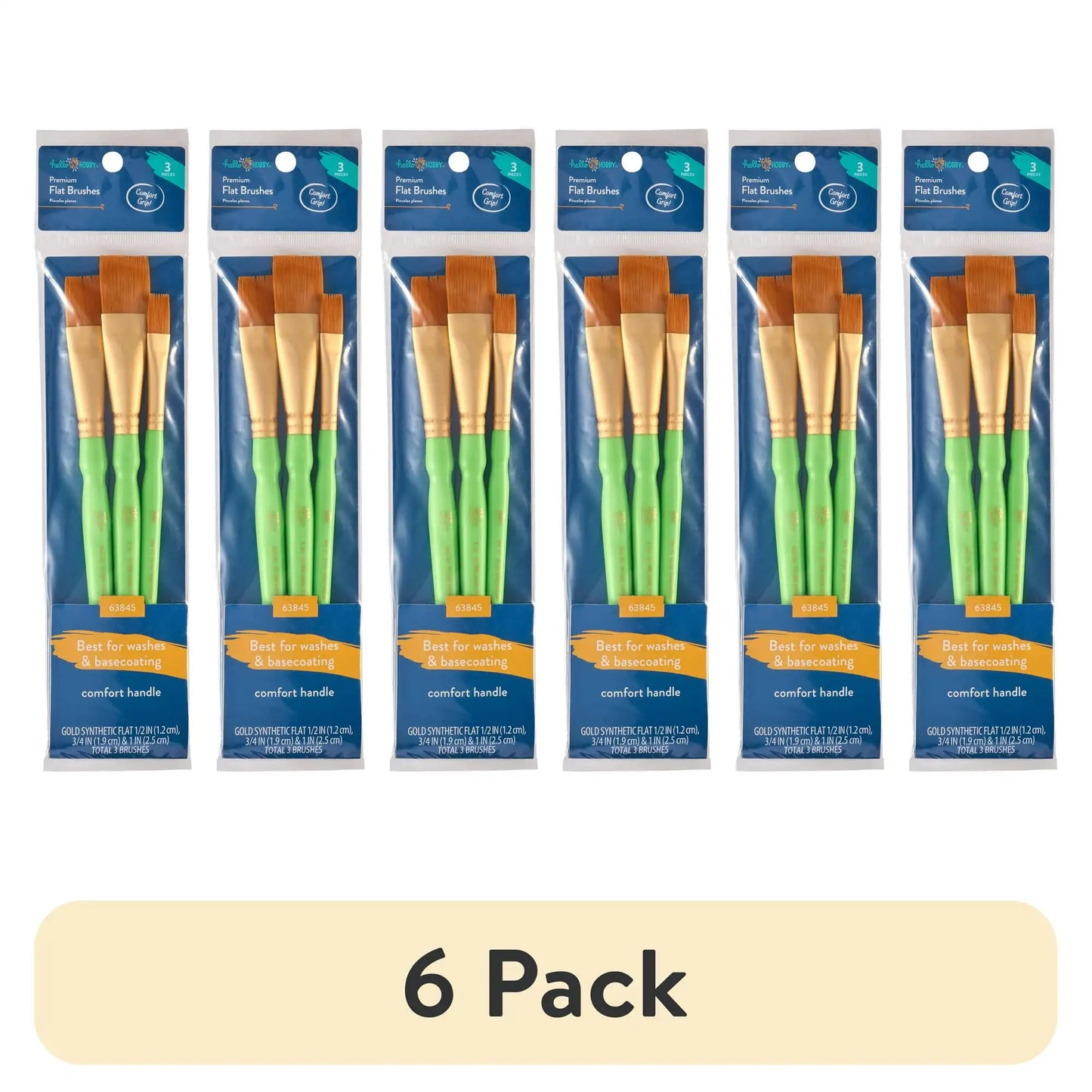 (6 pack) Hello Hobby 3 Pc Flat Synthetic Paint Brush Set with Comfort Grip
