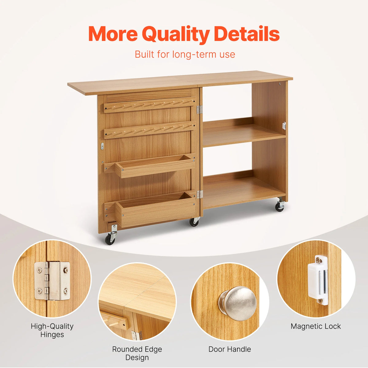 SucceBuy Multipurpose Folding Sewing Machine Table w/ Compact Design Wheels Shelves Storage Trays Wooden Pegs and Magnetic Doors