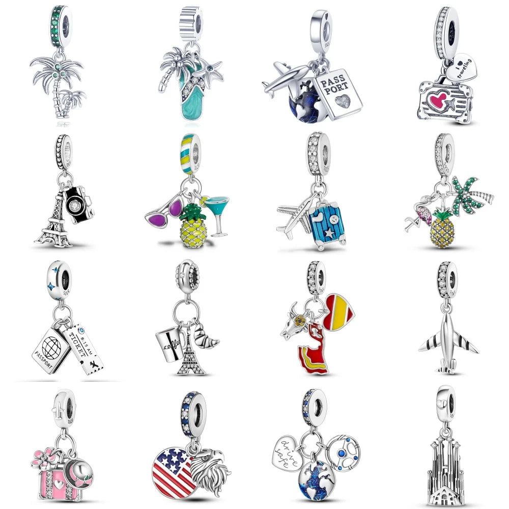 925 Sterling Silver Airplane Luggage Travel Pendants Bracelet Charms Fit Bangle For Women Jewelry Party Beads Gift DIY Accessory