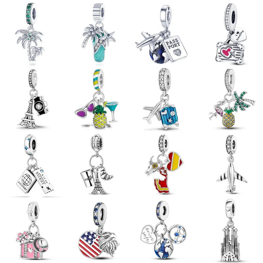 925 Sterling Silver Airplane Luggage Travel Pendants Bracelet Charms Fit Bangle For Women Jewelry Party Beads Gift DIY Accessory