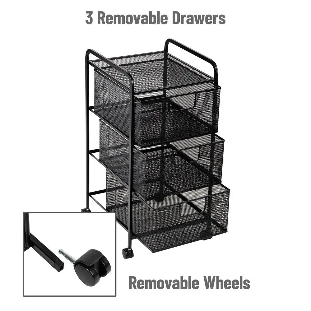Rolling Metal Storage Cart with 3 Mesh Drawers Portable Organizer Office Supplies Craft Materials and Documents Compact Size and