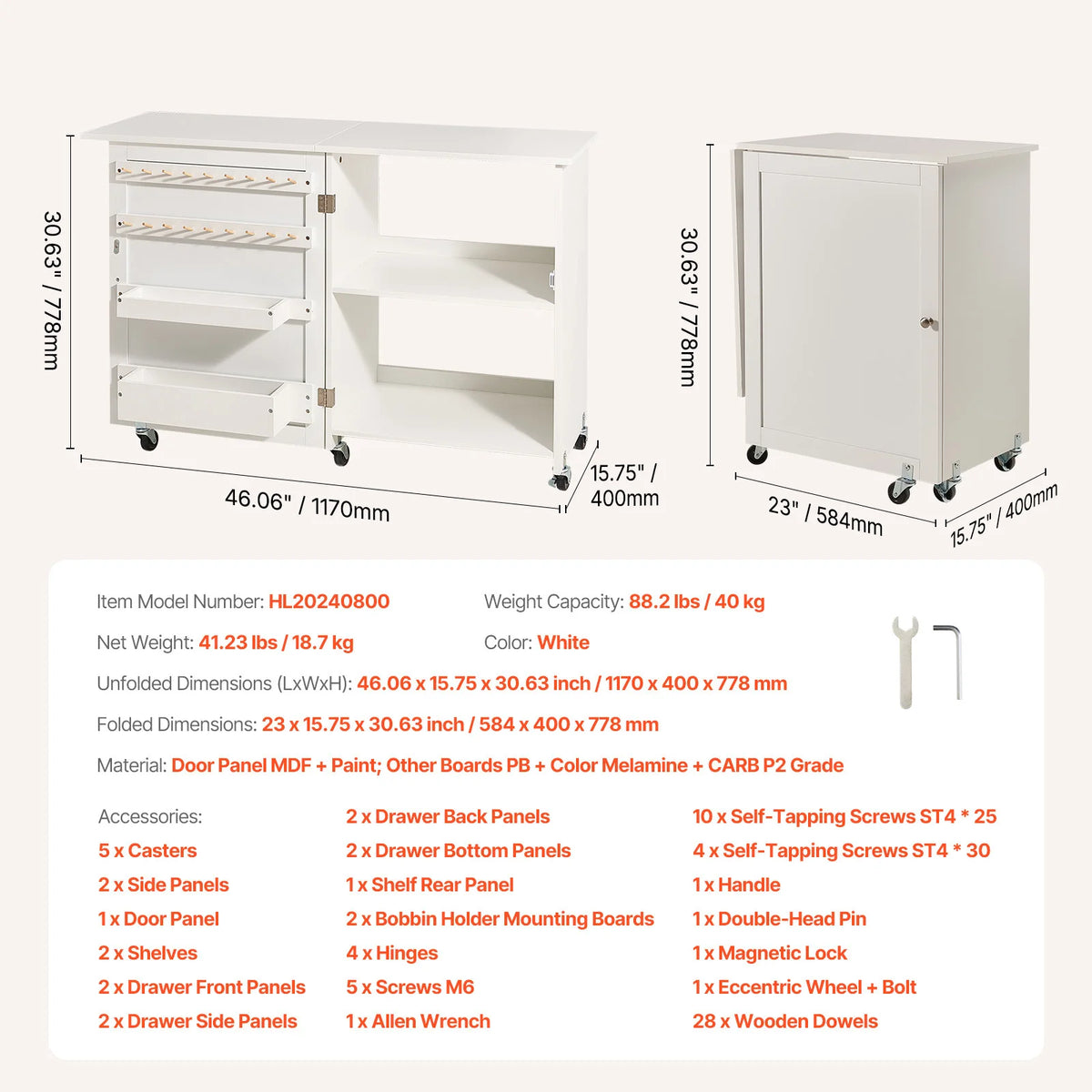 SucceBuy Multipurpose Folding Sewing Machine Table w/ Compact Design Wheels Shelves Storage Trays Wooden Pegs and Magnetic Doors