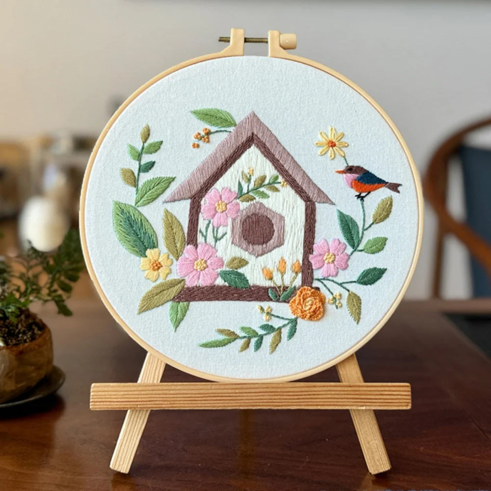 4pcs/set Bird Flower House Embroidery Kit Cross Stitch Embroidery Kit with English Instructions Needle Thread Home Decoration