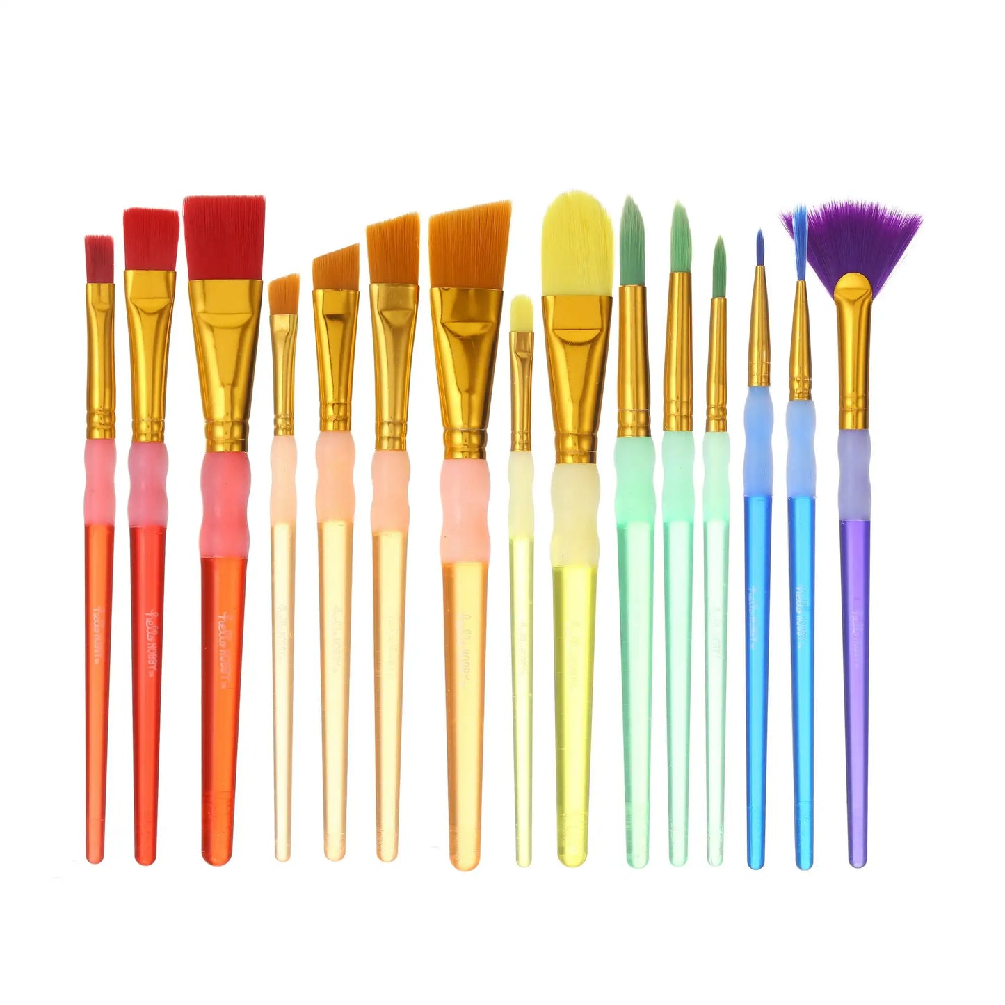 Hello Hobby Round, Filbert, Flat, Fan, Liner Synthetic Bristle Art Brushes (15 Pieces), Age Group 3+