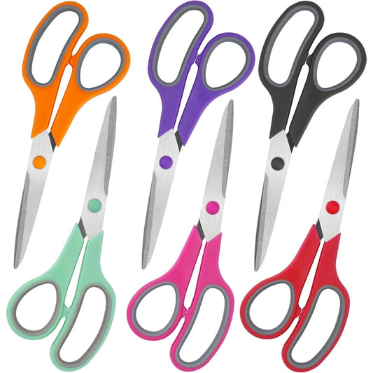 8" Scissors All Purpose 6 Pack - Comfort-Grip Sharp Scissors for Office School Sewing Fabric Craft Art Supplies