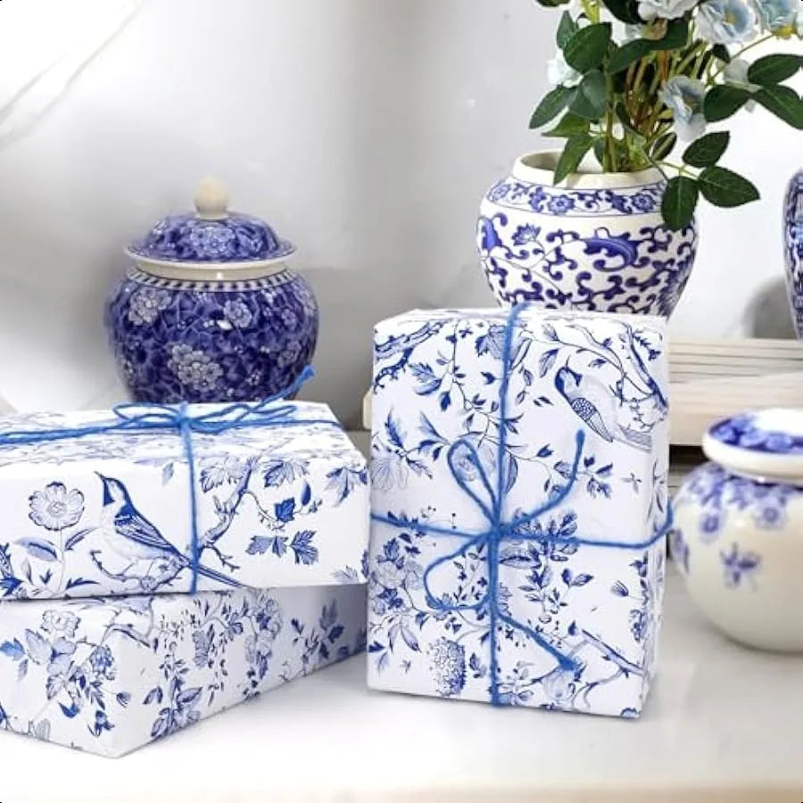 1 Roll Blue Floral Bird Wrapping Paper Mini Roll 17in x 32.8Ft Blue White Flowers Bird Pattern Gift Wrap Paper