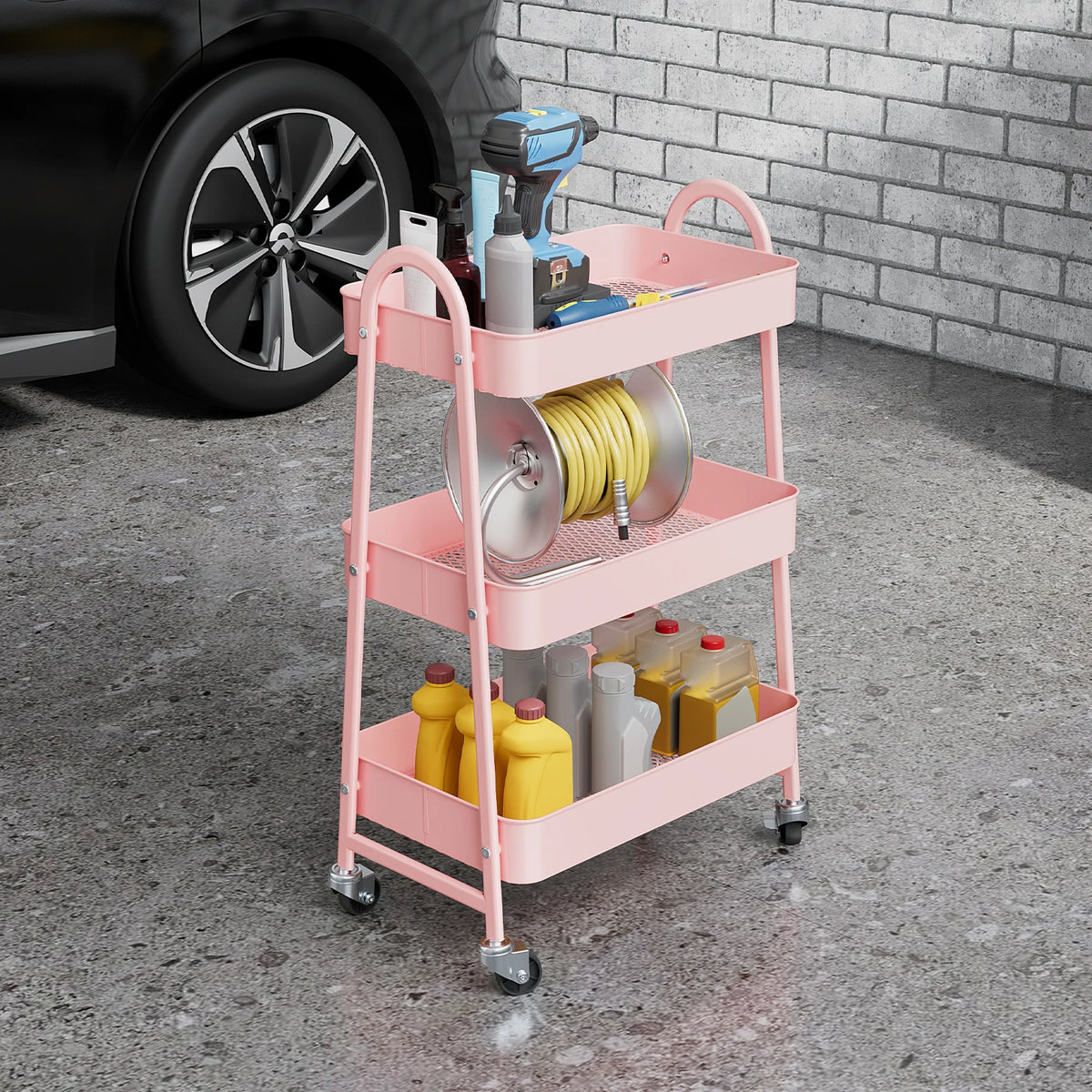 JHK 3 Tier Metal Storage Cart with Lockable Wheels Mobile Shelving Unit Utility Rolling Organizer For Home Narrow Places