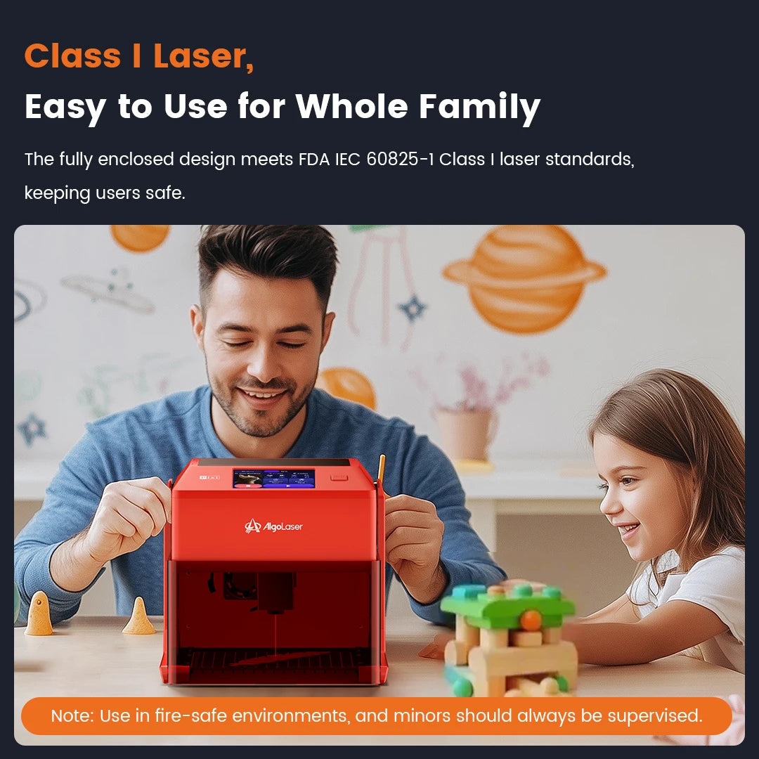AlgoLaser PIXI Laser Engraver 3W/5W/10W Fully Enclosed Laser Engraving Machine 3.5 Inch Touch Screen Portable DIY Wood Leather Acrylic Cutter Commercial Custom Art Marking Tool
