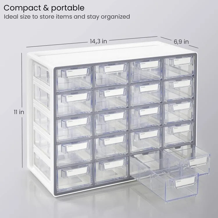 Organizer Box –Compact 20-Drawer Pens, Clips, Sewing & Craft Supplies – High-Impact Plastic,