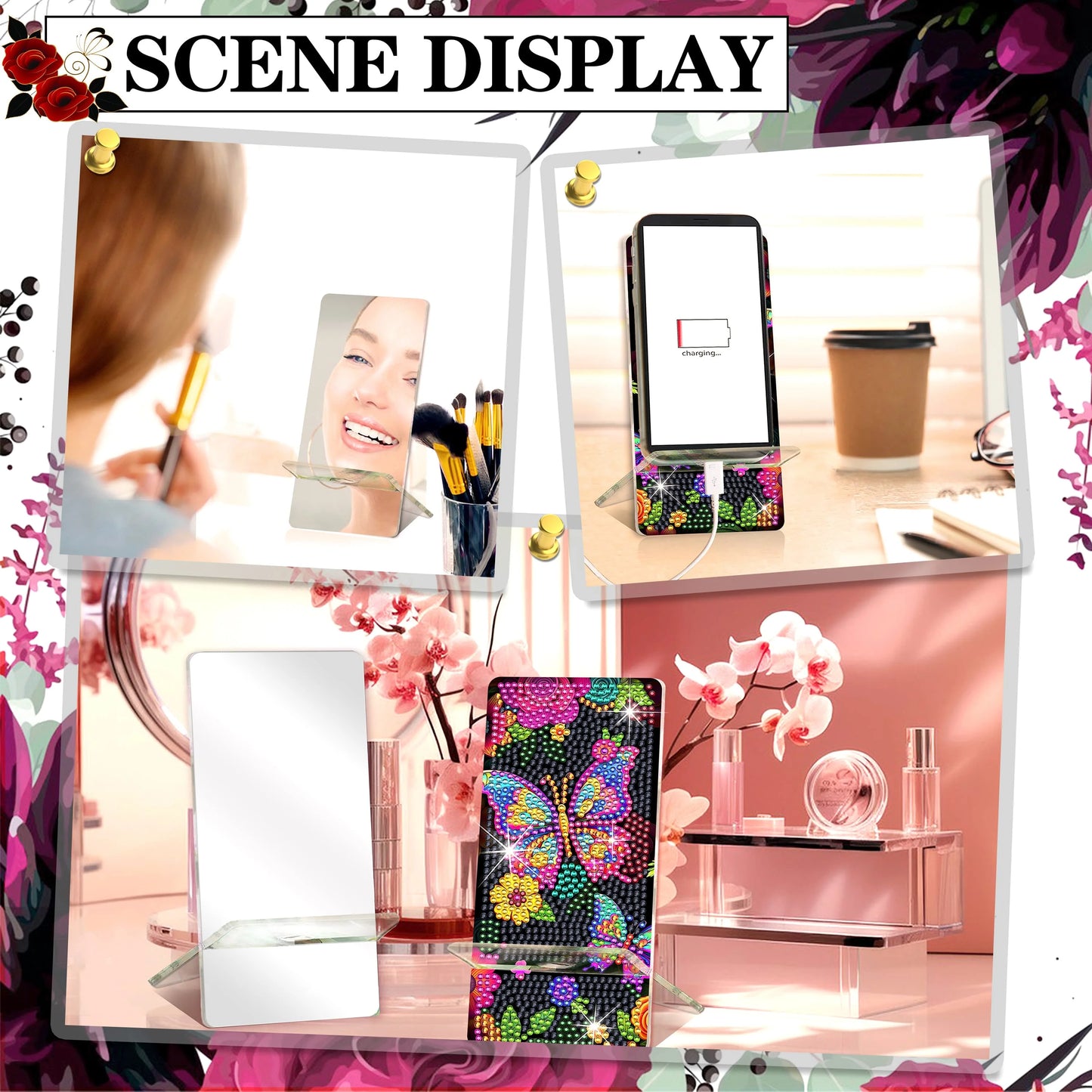 2 Pack Diamond Painting Phone Holder Art Kits, 5D Full Crystal Diamond Art Phone Holder& Mirror Craft Art Kits Gift for Beginner