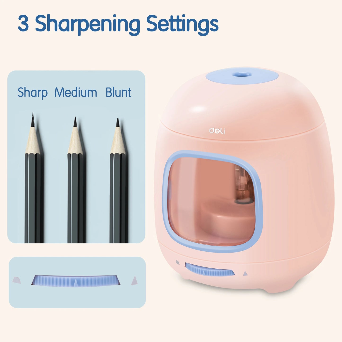 Deli Electric Pencil Sharpener,Efficient and Portable Sharpening Tool for Home, School, and Office Use,Blue, Pink, Yellow