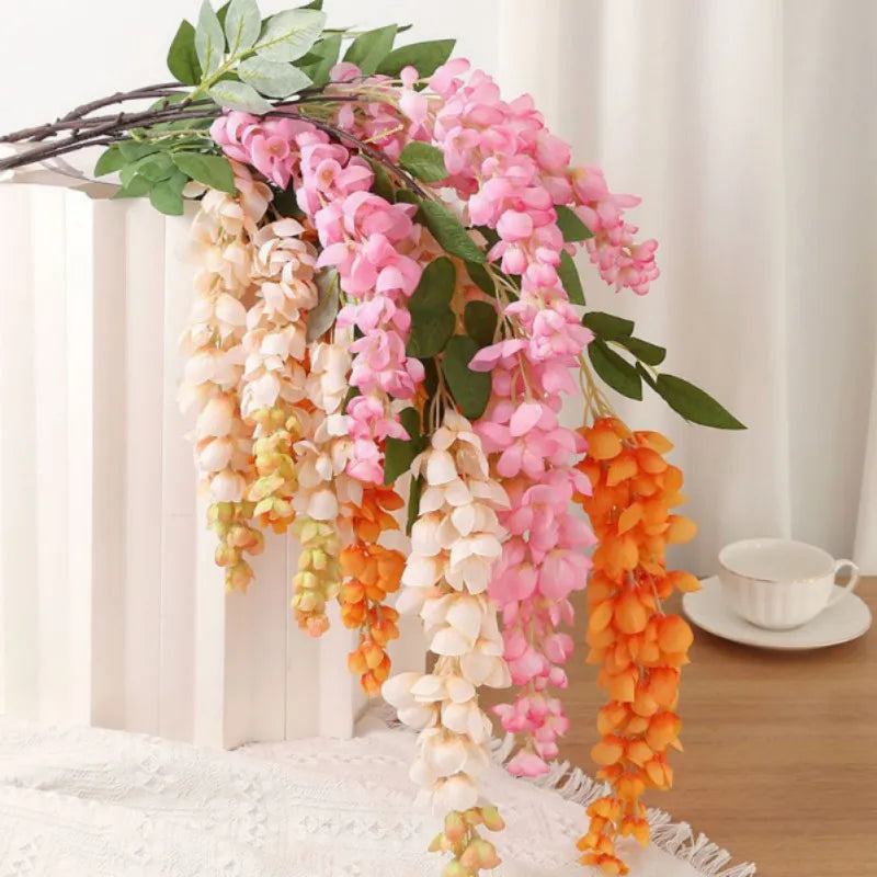 1pc Artificial Flowers Silk Wisteria Vine Fake Silk Hanging Rattan Flower For Wedding Party Garden Outdoor Greenery Wall Decors