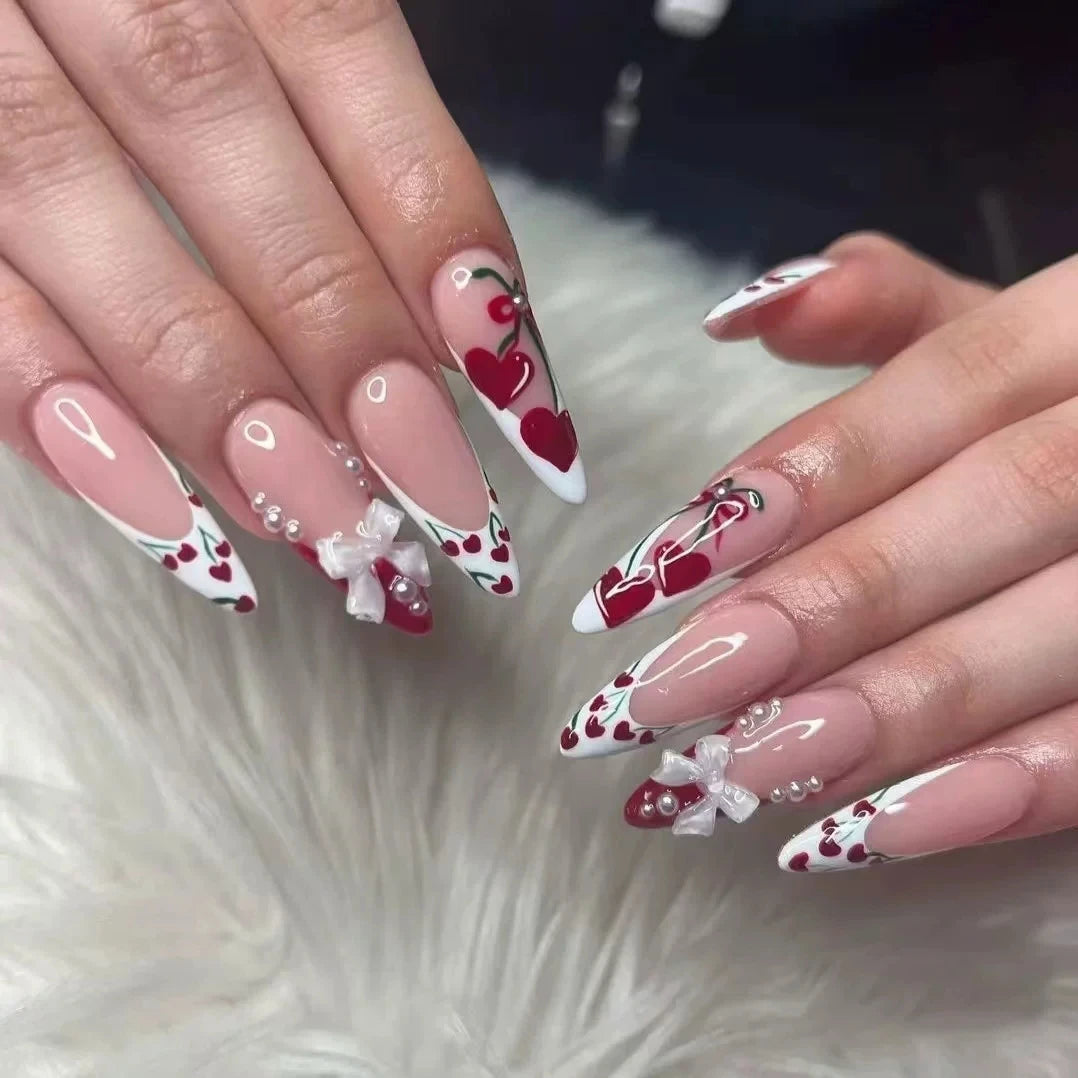 Pink Almond False Nails Butterfly Ballet Almond False Nails Butterfly Ballet with French Design Wearable Fake Nails Simple Artificial Press on Nails Tips Art 24Pcs