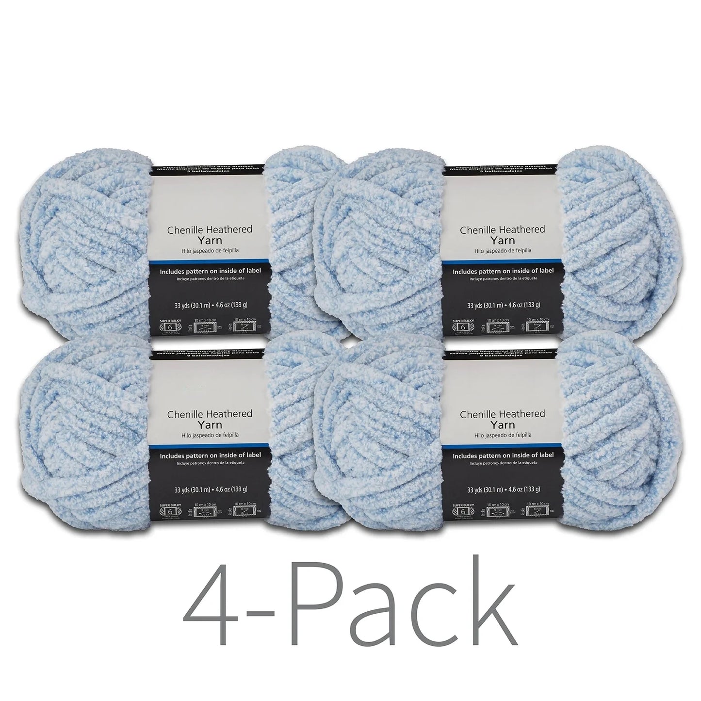 Chenille Heathered Yarn, 33 yd, Blue Shell, Super Bulky, Pack of 4, New