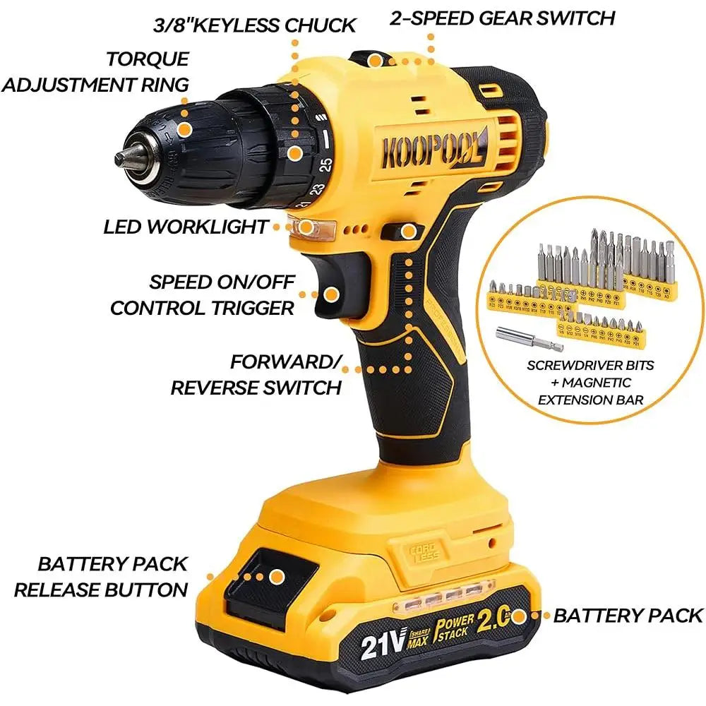 Cordless 21V Power Drill Tool Set with Battery Electric Drill Driver Home Repair Tool Kit Compact Toolbox DIY Projects