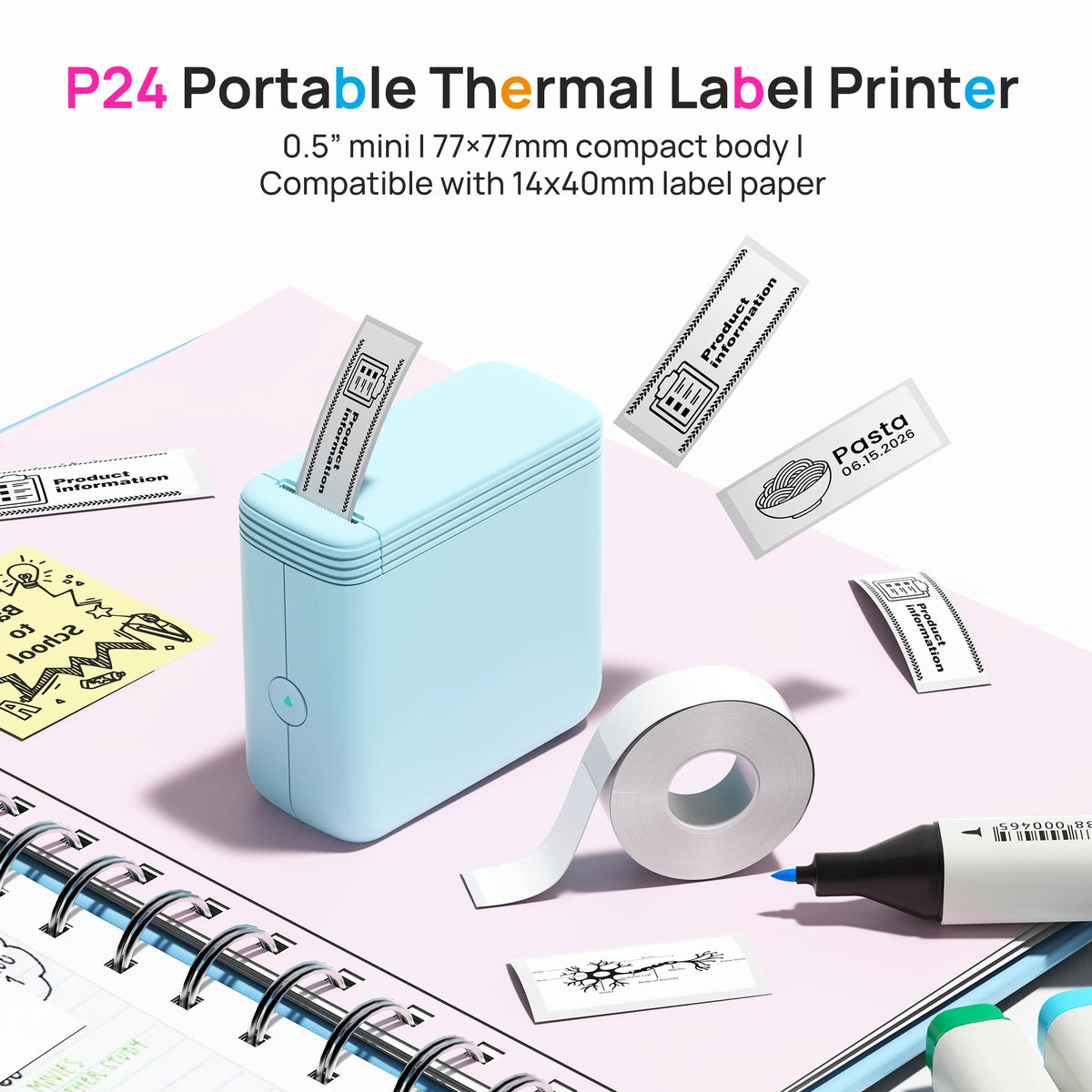 P24 Label Maker with 1 Roll of Label Paper, Portable Wireless Label Printer for Storage, Office, Home, Storage, Sticker Maker Mini Label Maker with Multiple Templates