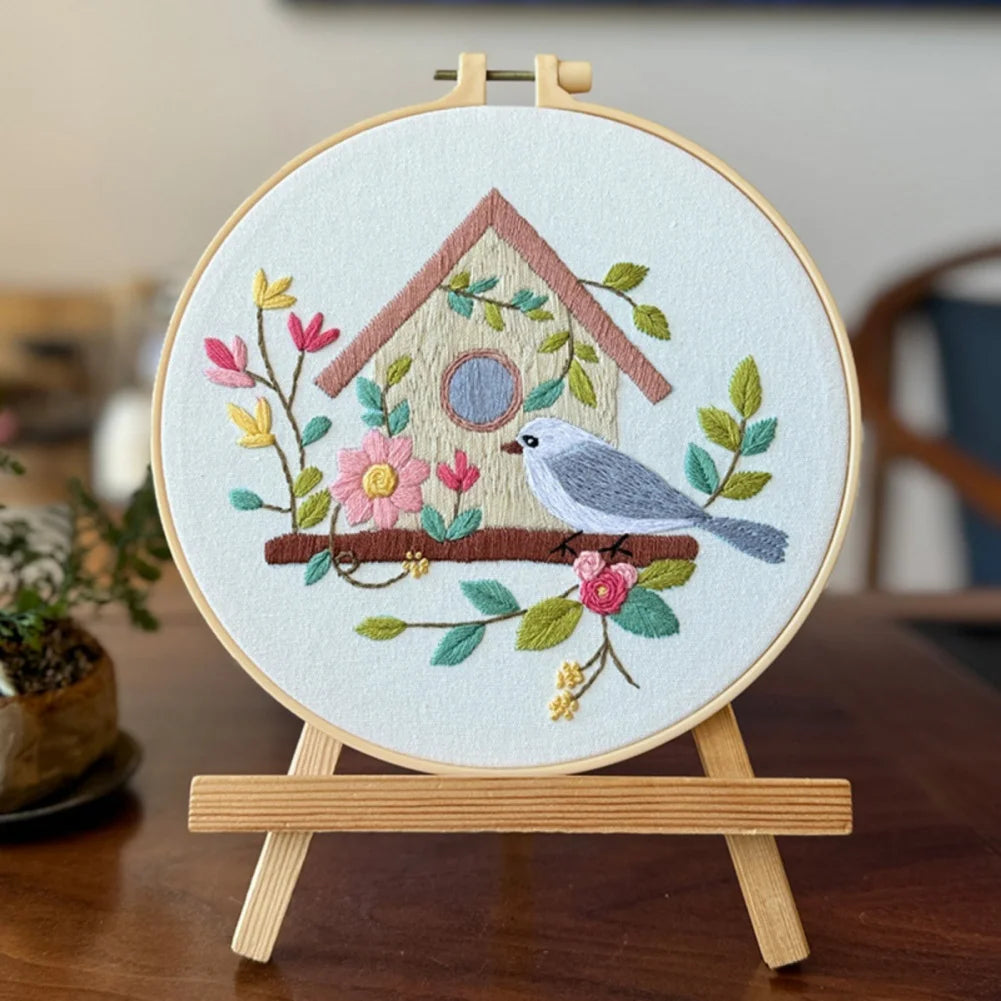 4pcs/set Bird Flower House Embroidery Kit Cross Stitch Embroidery Kit with English Instructions Needle Thread Home Decoration
