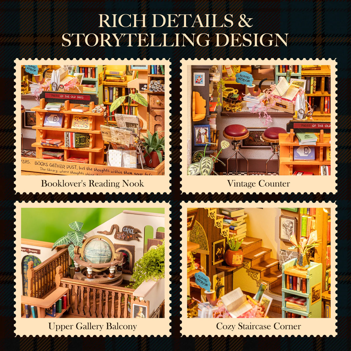 Rolife Wooden Dollhouse 3D Puzzle Pagestory Bookstore DIY Miniature House Craft Kit Kit with LED Light for Bookshelf Decor Brain Teasers Jigsaw Toys Holiday Gift for Book Lovers