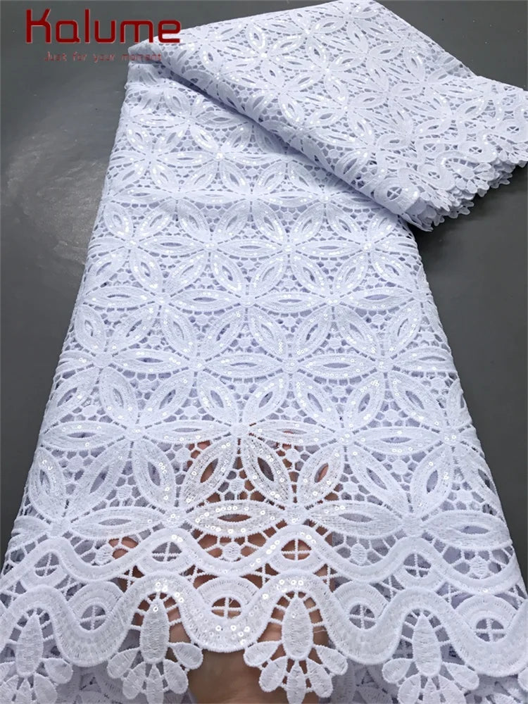 White African Guipure Cord Lace Fabric with Sequins 2025 High Quality Nigerian Guipure Cord Lace for Sewing Wedding Dress F4025