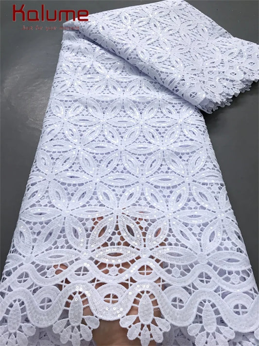 White African Guipure Cord Lace Fabric with Sequins 2025 High Quality Nigerian Guipure Cord Lace for Sewing Wedding Dress F4025