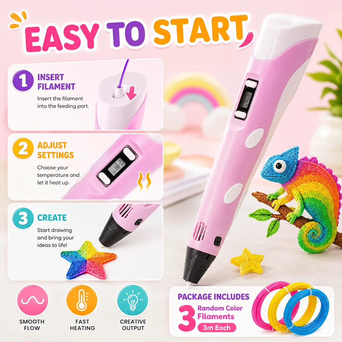 3D Printer Pen Kits LED Screen PLA Filament 3D Drawing Tool Kids Art Craft Set 3D Doodler Pen with Refill Material Creative Educational Toy for Boys Girls DIY Projects Birthday Gift School Home Craft Supplies Easy Use Starter