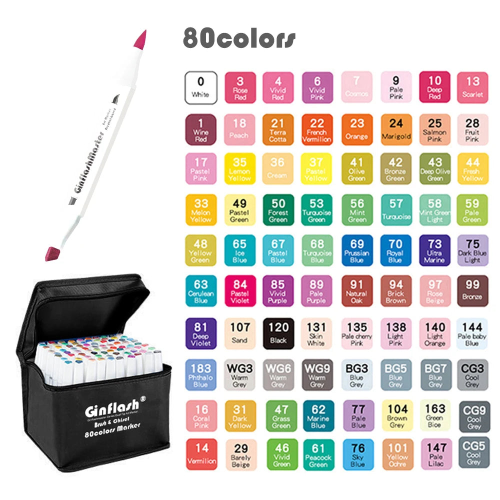 Ginflash Soft brush & Chisel Art Markers Brush Pen Sketch Alcohol Based Markers Dual Head Manga Drawing Art Supplies