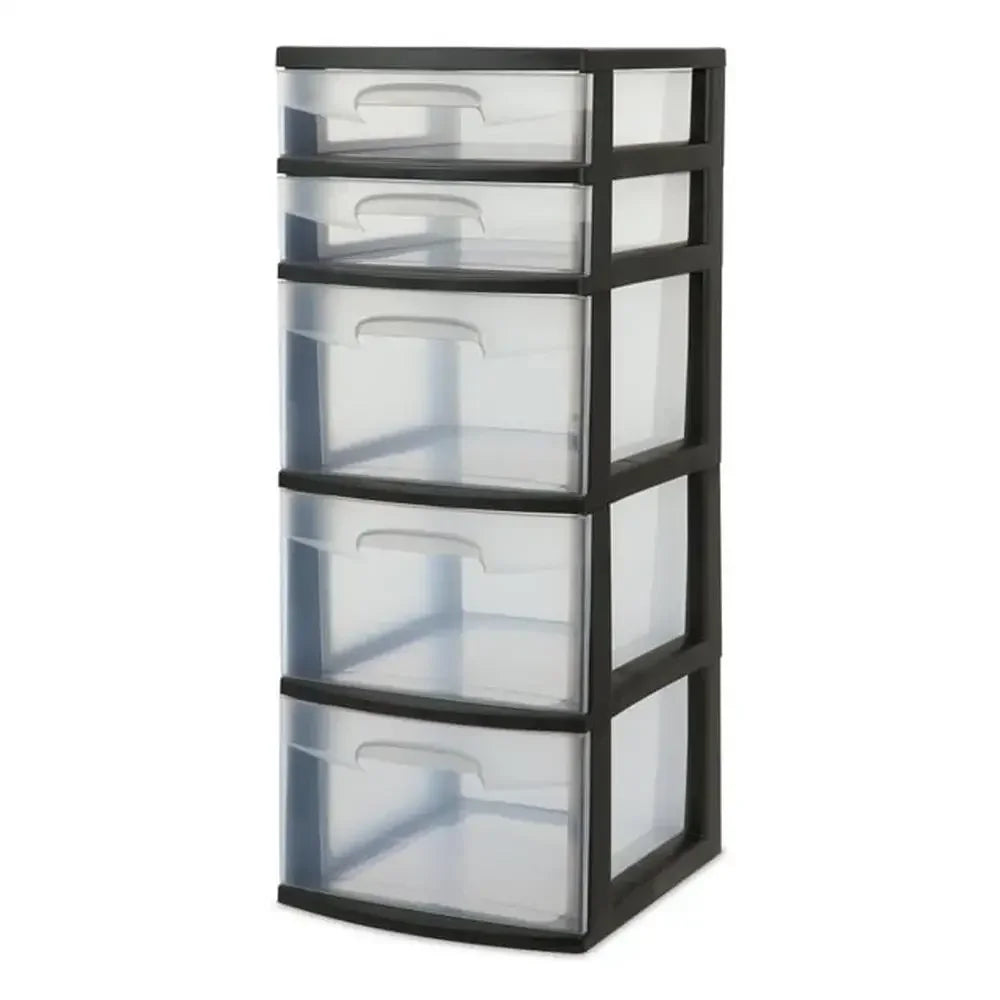 5-Drawer Plastic Storage Tower Black Clear Drawers Organizer Art Supplies Crafting Home Storage Closet