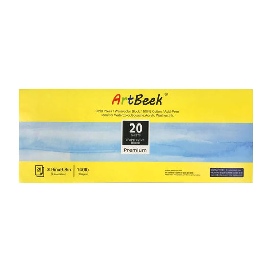 ArtBeek Watercolor Paper Block,3.9" x 9.8" Watercolor Block 20 Sheets 100% Cotton Cold Press 140lb/300GSM