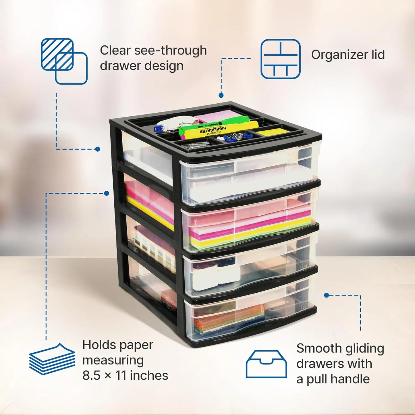 4 Drawer Desktop & Countertop Organizer W/Organization Lid For Craft Storage, Office Supplies & School Supplies, Black/Clear (4