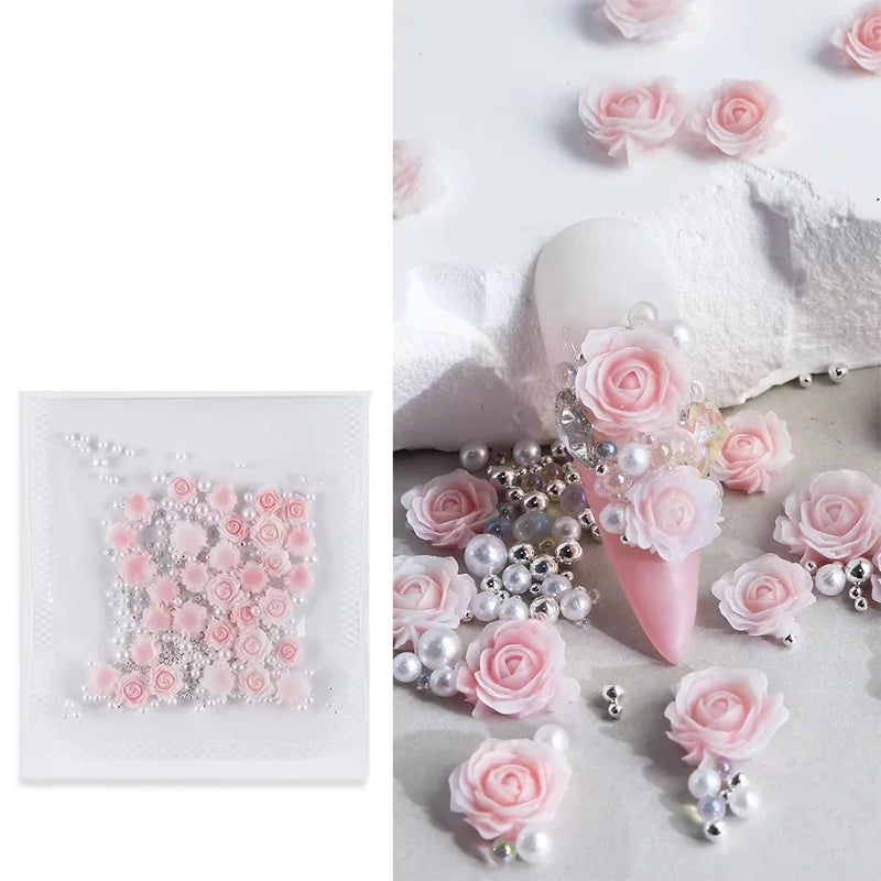 30pcs 3D Mixed Size Pearl Resin Flower Rose Nail Charms Accessories Pink Rose Red Nail Art Luxury Decoratons Supplies Parts DIY