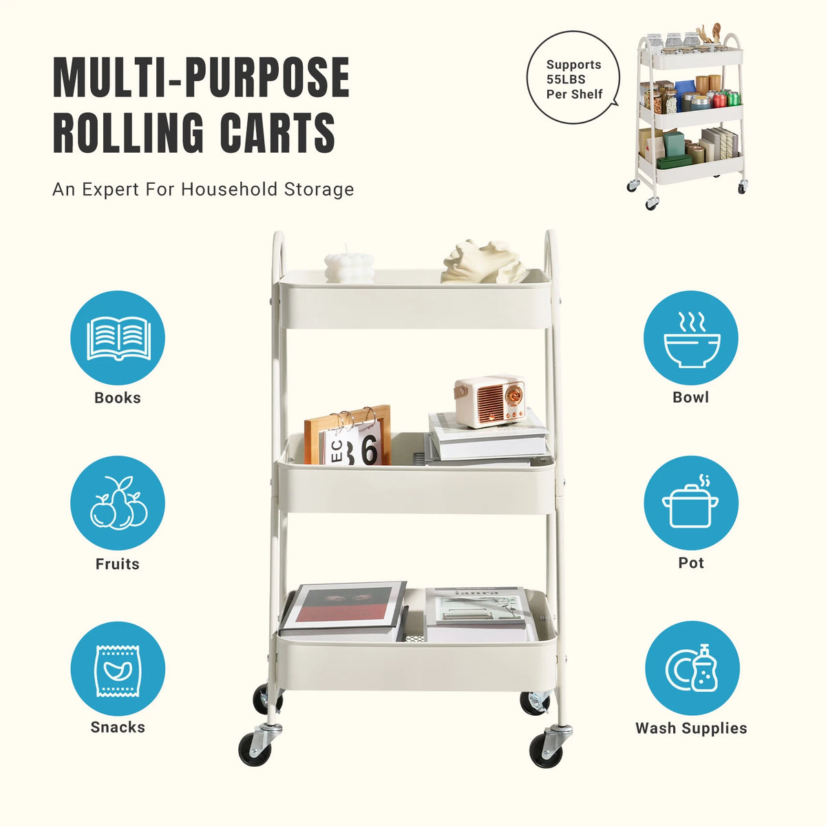 JHK 3 Tier Metal Storage Cart with Lockable Wheels Mobile Shelving Unit Utility Rolling Organizer For Home Narrow Places