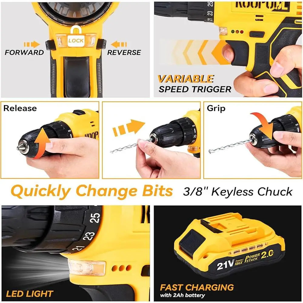 Cordless 21V Power Drill Tool Set with Battery Electric Drill Driver Home Repair Tool Kit Compact Toolbox DIY Projects