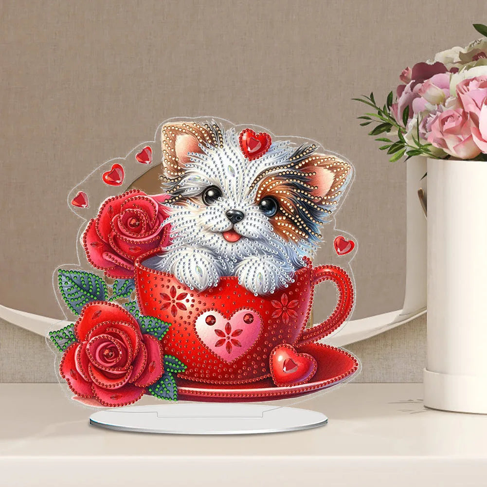 5D DIY Romantic Valentines Day Diamond Tabletop Decor Cat Rose Dog Rose Small Flower Bed Rose Hot Air Balloon Tabletop Decor